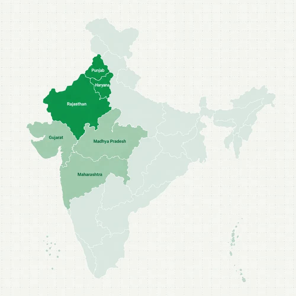 Map of India with Punjab, Haryana and Rajasthan highlighted